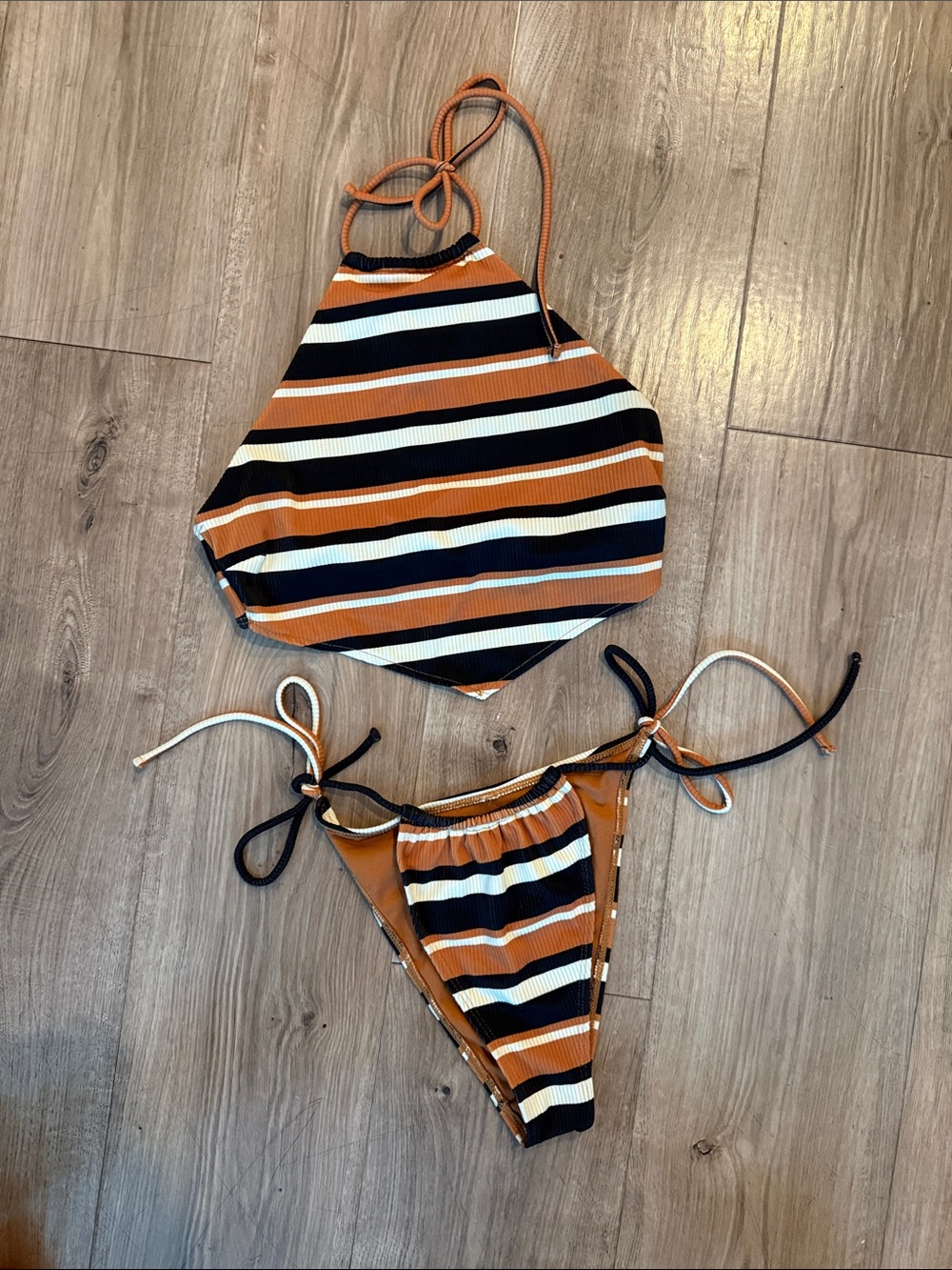 Forever 21 Rust Black White Striped Halter Tie-Side Bikini